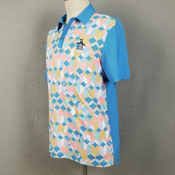 Original Penguin Polo Shirt Mens Medium Blue Multicolor Geometric Golf Stretch - Picture 6 of 13